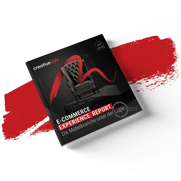 E-commerce report cover with a black chair and red brushstroke design, titled "E-Commerce Experience Report" in German.