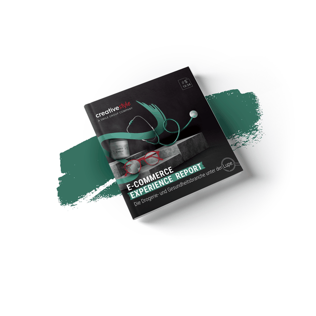 Cover of "E-Commerce Experience Report" with teal brushstroke, featuring a headphone, plant, and laptop on a dark background.