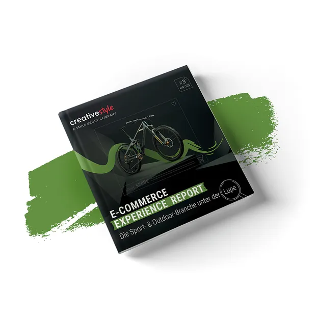 E-commerce report with a bicycle image on the cover, set against a green brushstroke background.