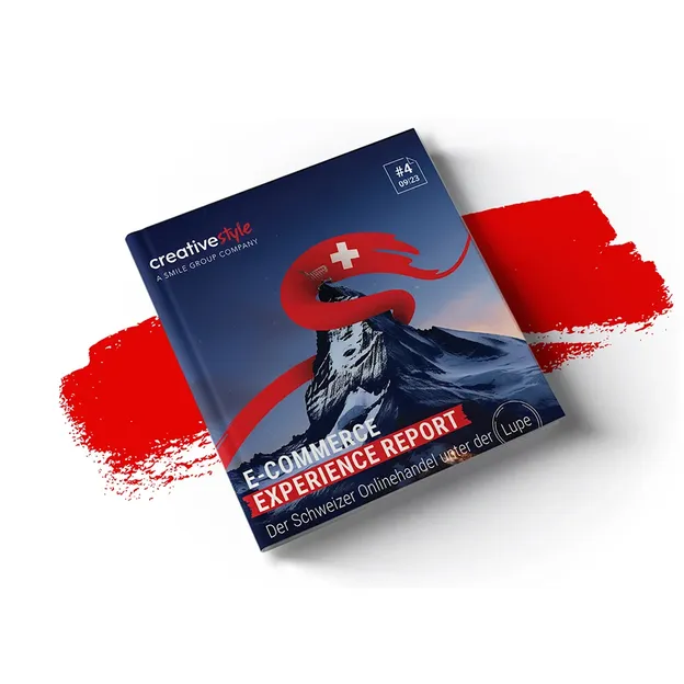 Cover of "E-Commerce Experience Report" featuring a mountain, Swiss flag, and red brushstroke. Text in German at the bottom.