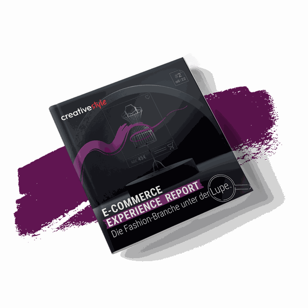 E-commerce experience report cover with purple accents, featuring a shopping cart icon and German text, "Die Fashion-Branche unter der Lupe."